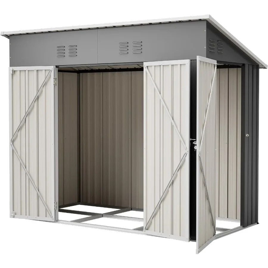 Outdoor Metal Storage Shed for Garden, Patio, Courtyard Use; Galvanized Steel; Gray; Triple Lockable Doors, Floor Frame, Slopin