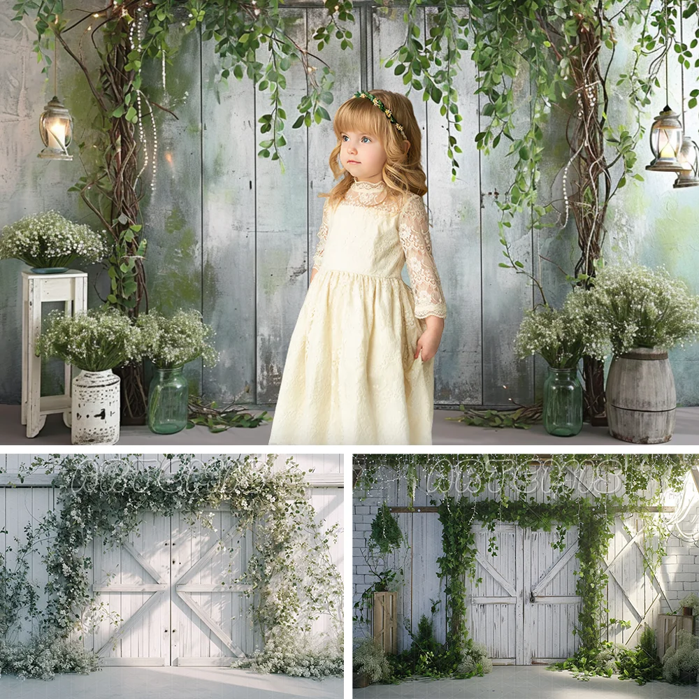 Spring Photography Backdrop Wooden Door Greenery Silver White Wedding Decoration Baby Birthday Portrait Background Photo Studio