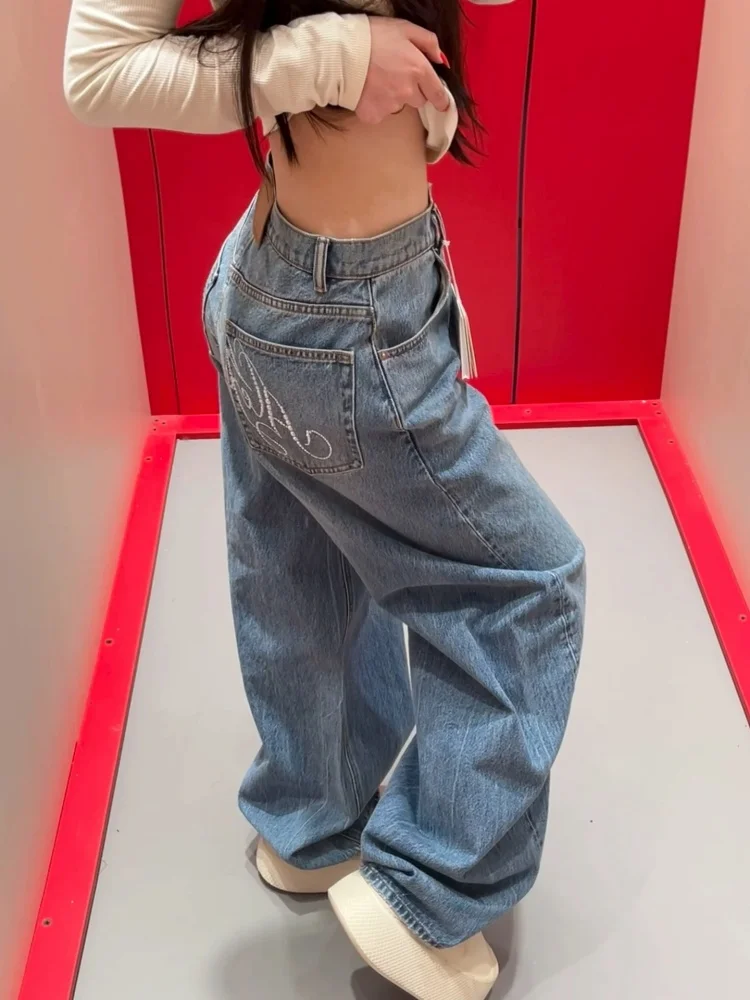 2025 Ropa Y2Kสไตล์Hot Fix Rhinestone Baggyซ้อนกางเกงยีนส์กางเกงผู้หญิงเสื้อผ้าหรูหรากว้างขาLady Denimกางเกง