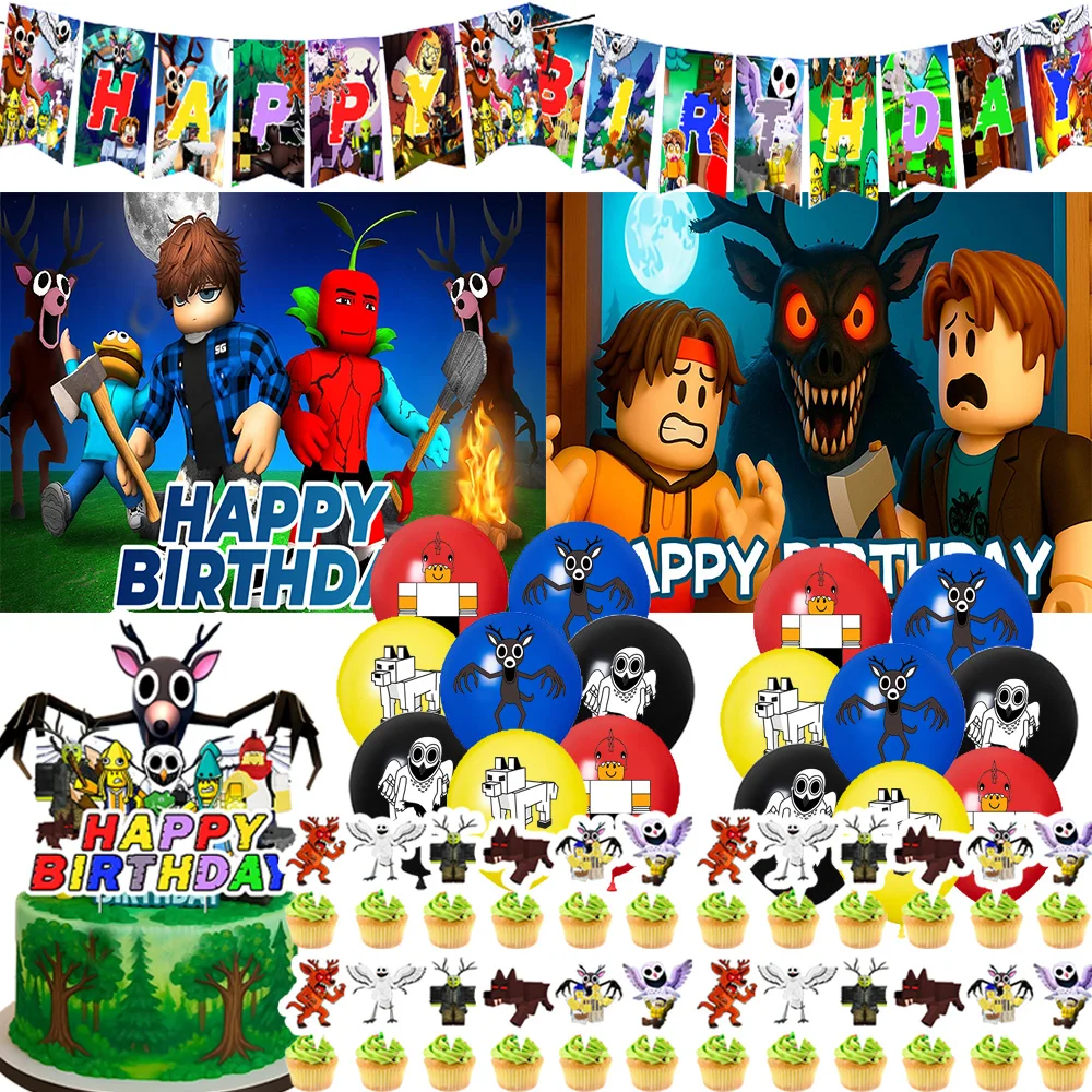 

Game 99 Nights in The Forest Theme Birthday Party Supplies Decor Latex Balloon Banner Backdrops Cupcake Topper Baby Shower Props