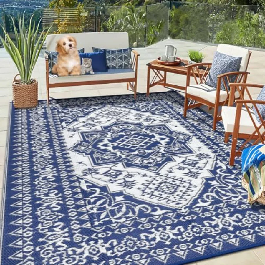 

Outdoor Rug 8x10 for RV Patio Backyard Deck Picnic, Waterproof Plastic Straw, Navy, Reversible Easy Cleaning Portable Vintage F