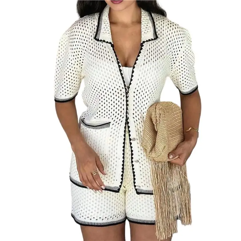 CYL-Womens 2 Piece Swimsuit Crochet Cover Up Short Sleeve Tops Tie Front Shorts Sets Summer Outfit