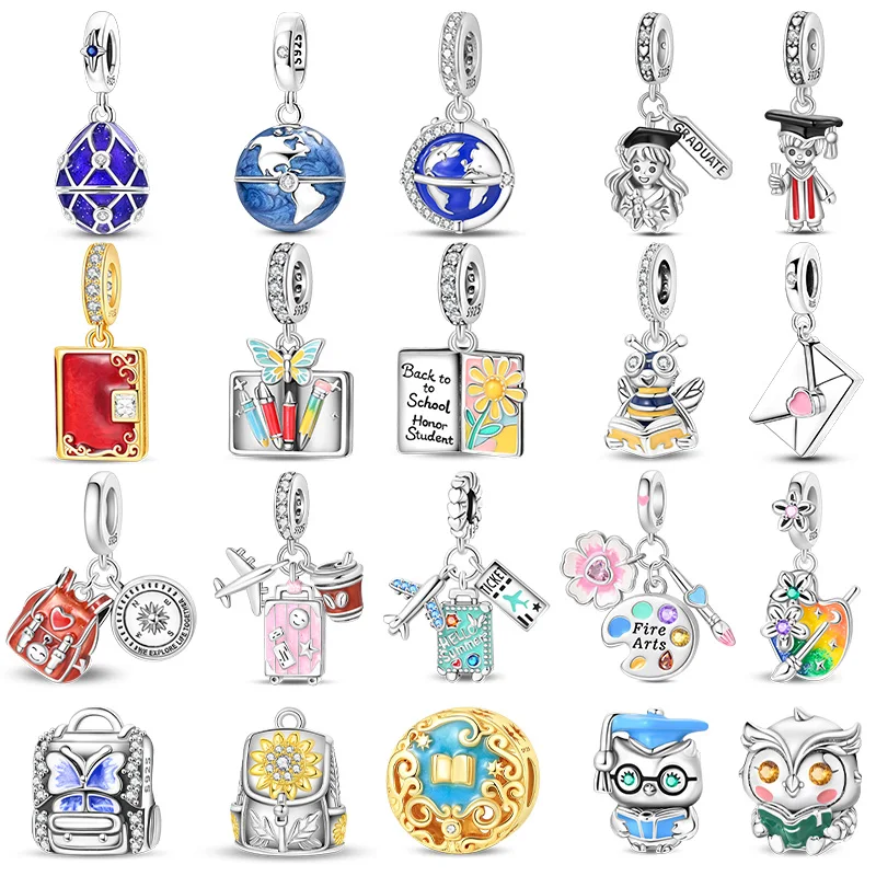 925 Sterling Silver Starting School Diary Globe Backpack Book Charms Pendants For Women Fit Original Bracelet DIY Jewelry Gifts