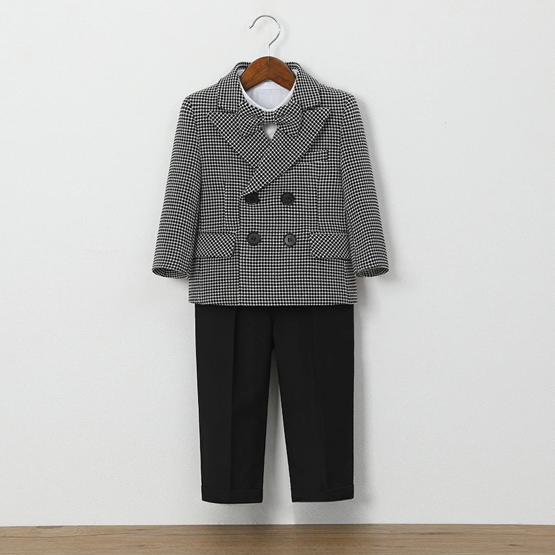 

Boys Houndstooth Suit Set Classic Child Blazer Vest Pants Formal Attire 1st Birthday Wedding Performance Recital Tuxedo Outfits