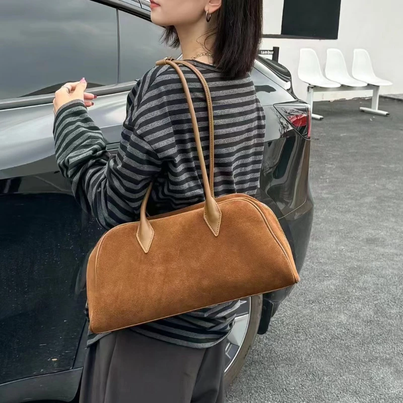 

High end suede women's bag, large capacity Boston armpit bag, versatile and fashionable bowling frosted leather shoulder bag