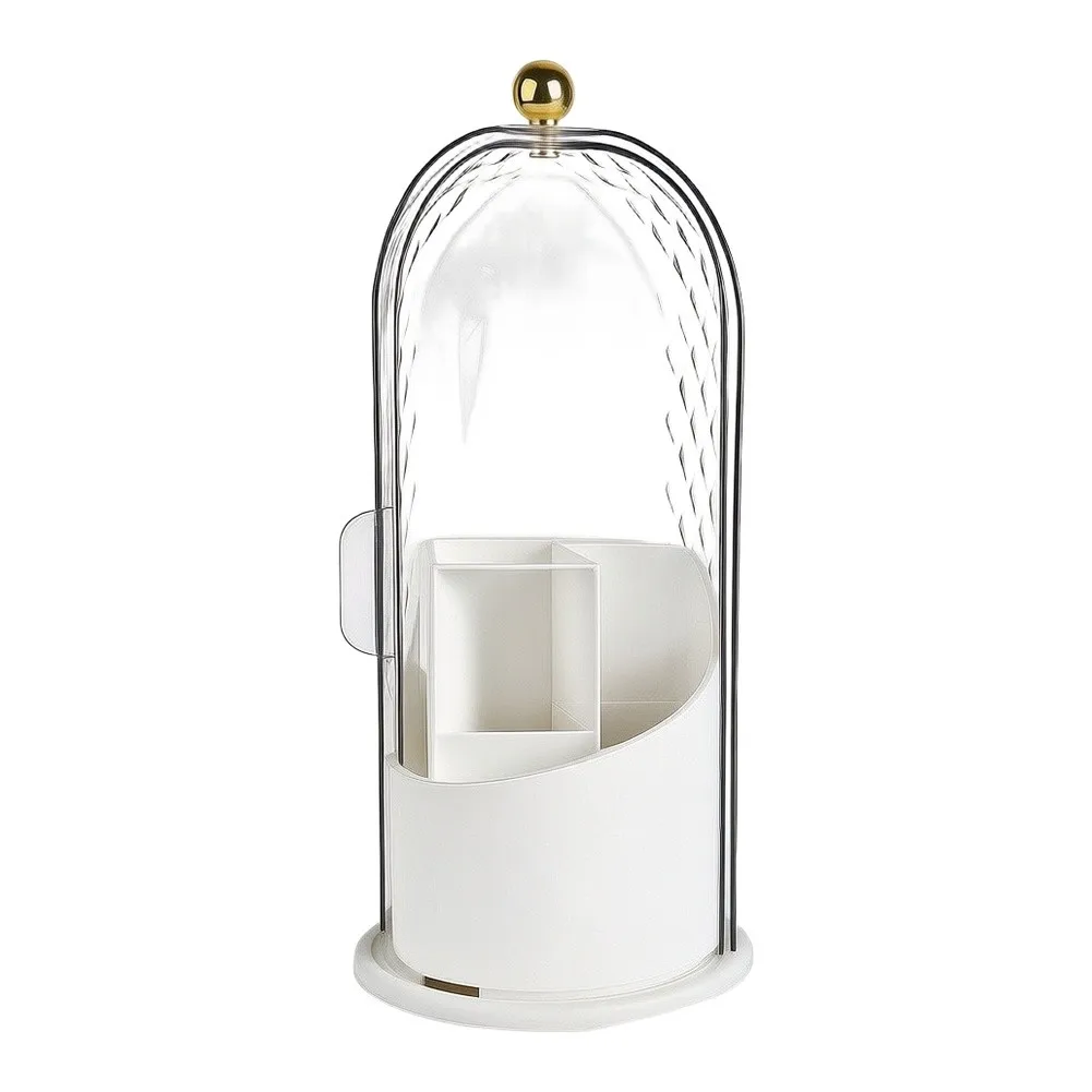 White Rotating Toothbrush Holder with Sealed Cover 3 Compartment Design for Toothbrush Toothpaste and Makeup Brushes
