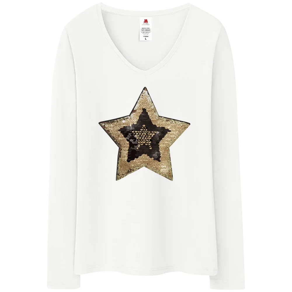 2024 Summer Ladies Fashion Sexy Long Sleeve Basic Tops Size 5XL Five-pointed Star T Shirts Shiny Paillette Women Cotton T-shirt