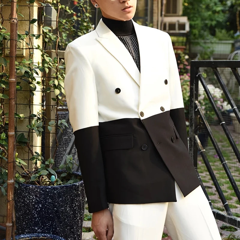 Modern Men's Suit 2 Pieces Blazer Pants Double Breasted Peaked Lapel Business Spliced FormalWedding Groom Tailored Costume Homme