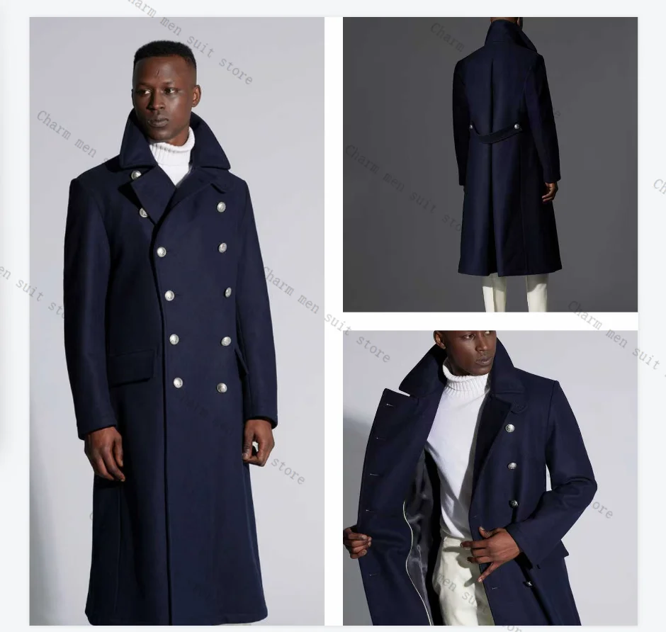 

Navy Blue Cashmere Men Suits 1Pcs Blazer Long King Coat Wedding Tuxedos Woolen Formal Office Customized Prom Dress Jacket Coat