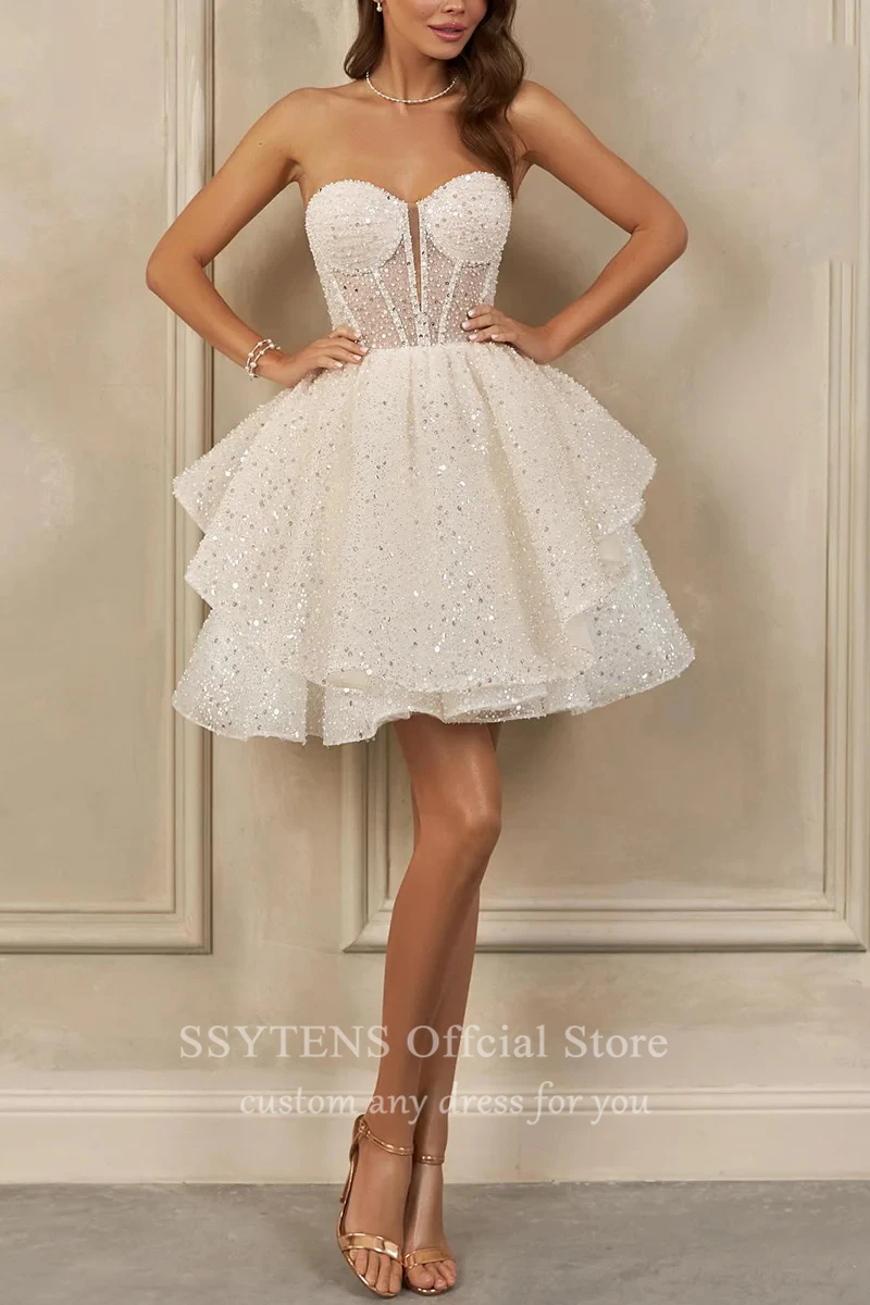 Sparkly A-Line Shiny Short Wedding Party Dresses Short Sleeves Tiered Sequined Brides Gowns for Women Sweetheart Cocktail Dress