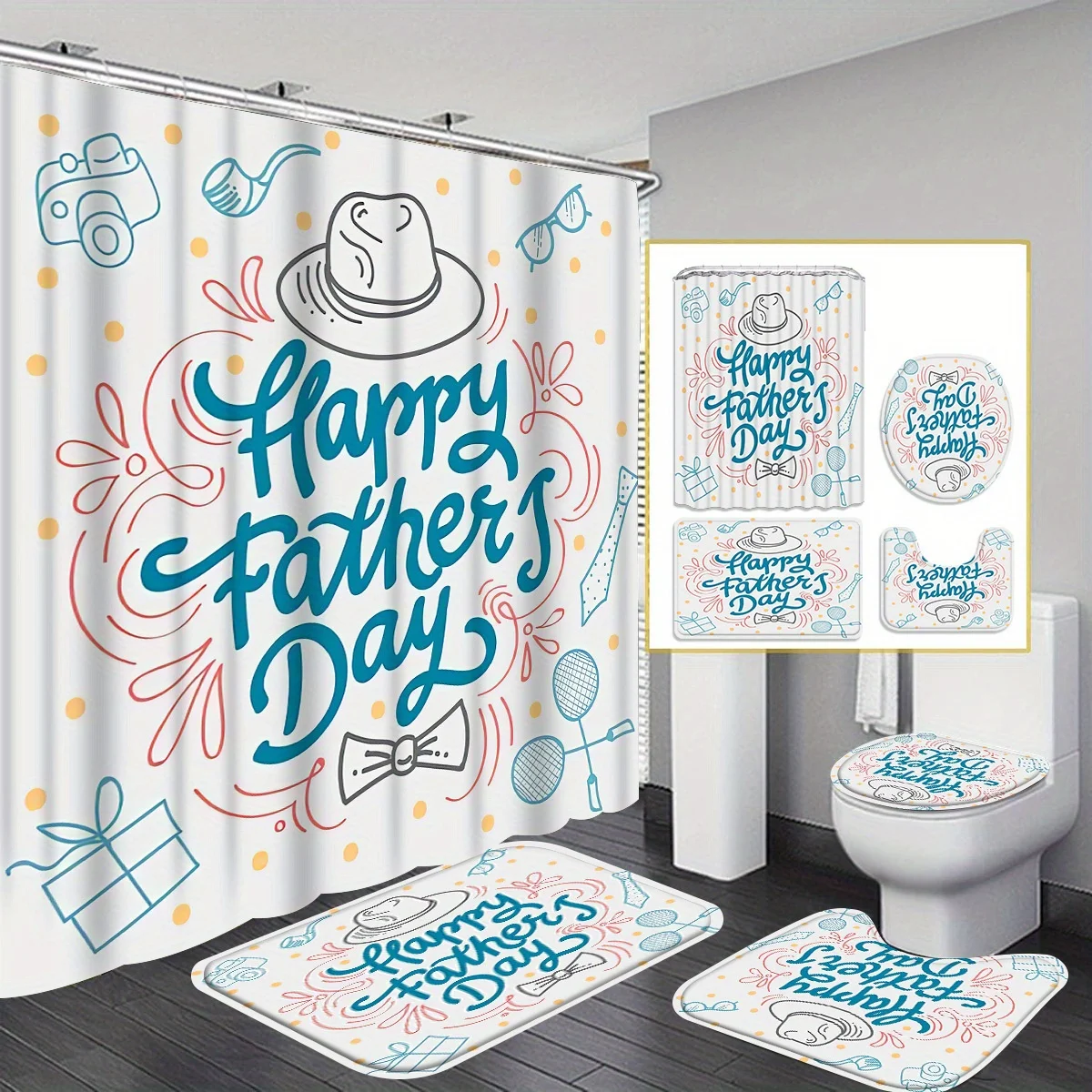 

Father's Day Decorative Shower Curtain Bathroom Set - Machine Washable, with 12 Hooks, including Toilet Seat Cover and Bathtub