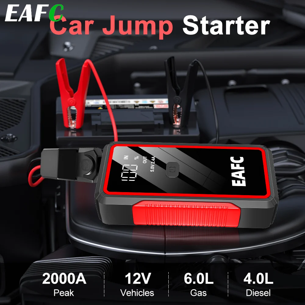 EAFC 2000A Peak Auto-Starthilfegerät, 10000mAh tragbarer Notfall-Autobatterie-Booster, 12V Auto-Starthilfegerät mit LED-Taschenlampe und Powerbank-Funktion