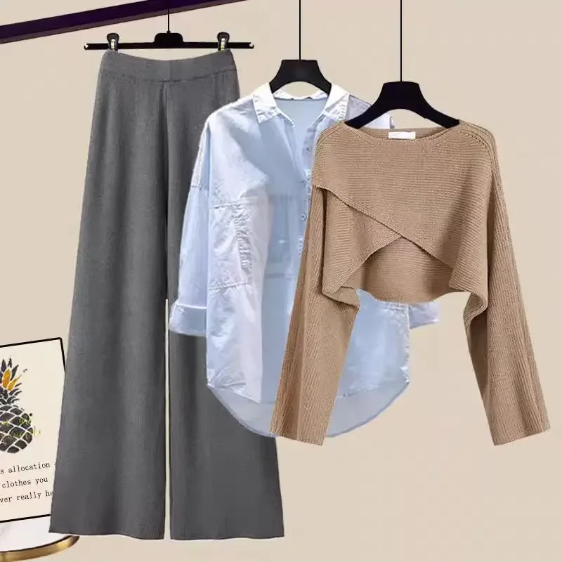 

Autumn and Winter Lazy Wind New Ladies Sweater Cross Design Short Suit Three Sets