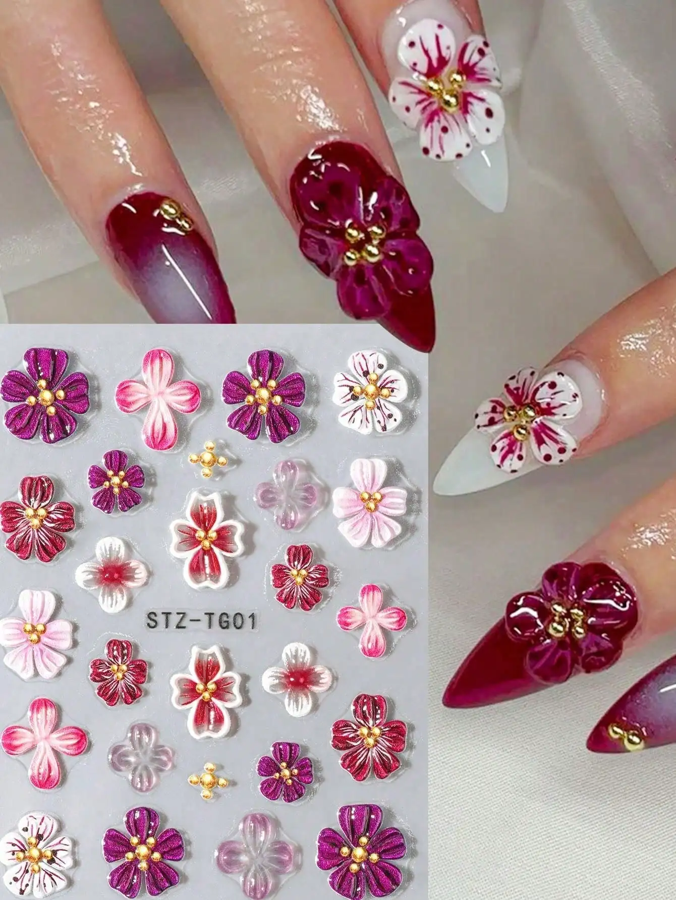 

1pc Soft Jelly 5D Embossed Floral Nail Art Stickers - Pink Purple Fairy Orchid Hibiscus Flower Petal Engraved Slider Decals