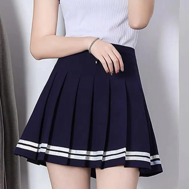Summer Women Pleated Striped Skirts High Waist Ruffle Alina Skort Teen Kawaii Vintage School Navy Preppy Black Mini Skirt 2025