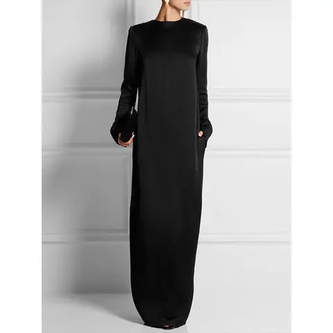 Women's Minimalist Black Church Dress Robe Long Sleeves Loose Solid Color Round-Neck Elegant Evening H-line Maxi Dresses
