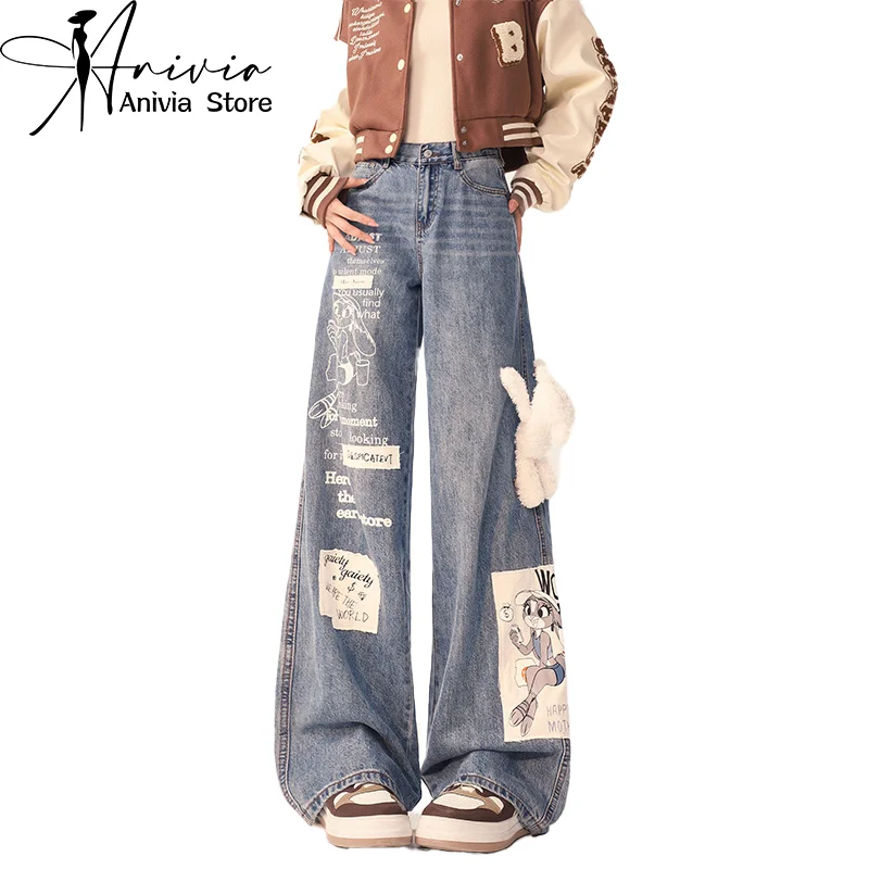 

Women's Graphic Print Jeans Harajuku Y2k Aesthetic Baggy Denim Trousers Japanese 2000s Style Jean Pants Vintage Trashy Clothes