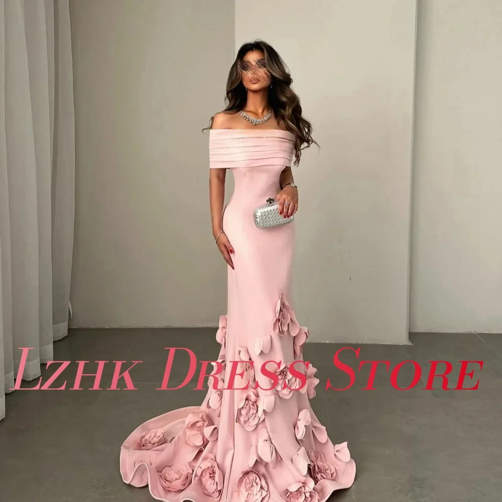 Vestido de noche elegante personalizado con flores en 3D de sirena y hombros descubiertos, vestidos de fiesta hasta el suelo con cuello barco de alta calidad