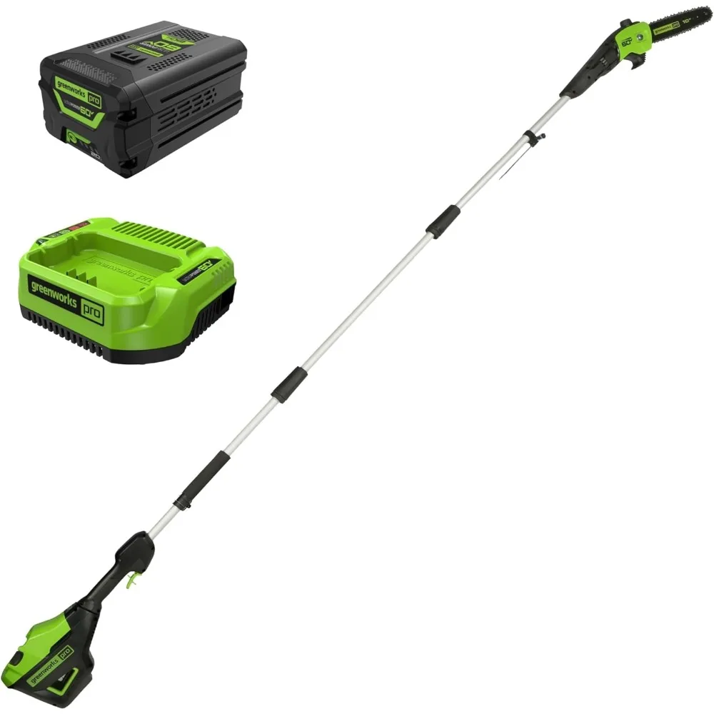 Аккумуляторная пила Greenworks 60 В с 10-дюймовым лезвием, расширяется до 14,5 футов, включает аккумулятор емкостью 2,0 Ач и зарядное устройство.