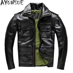 AYUNSUE Soft Genuine Leather Jacket Cowhide Short Coats Autumn Motorcycle Jackets Two Colors Chamarras De Cuero Para Hombre