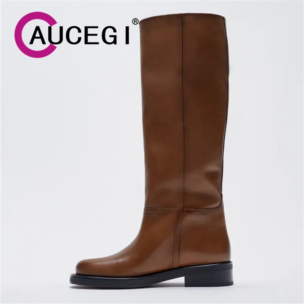 

Aucegi Vintage Cow Leather Big Size 34-43 Round Toe Med Thick Heels Classics Equestrian Knee High Boots Slip On Casual Shoes