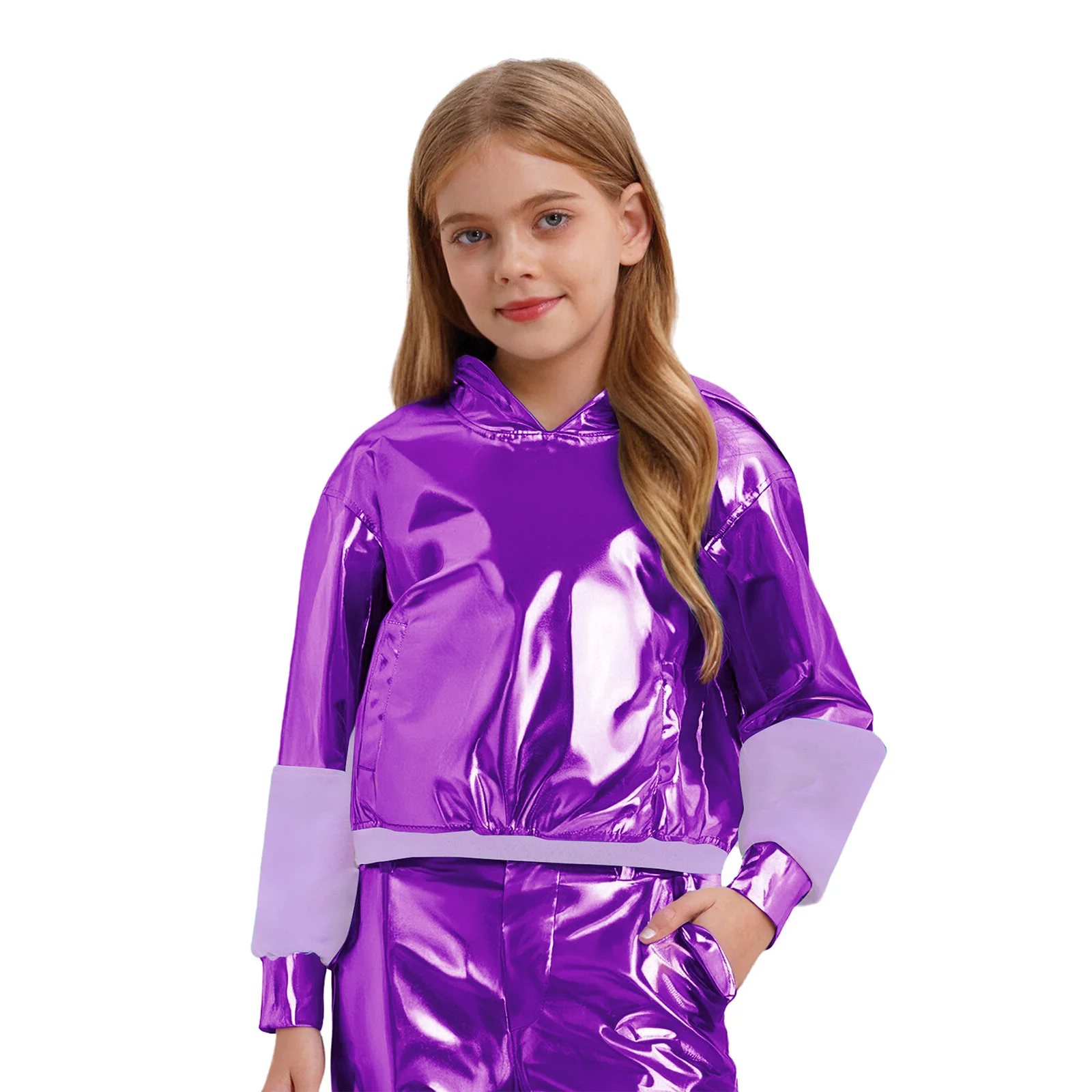 

Kids Boys Girls Hoodie Sweatshirt Metallic Shiny Long Sleeve Hooded Pullover for Hip-hop Jazz Street Dance Top Stage Performance