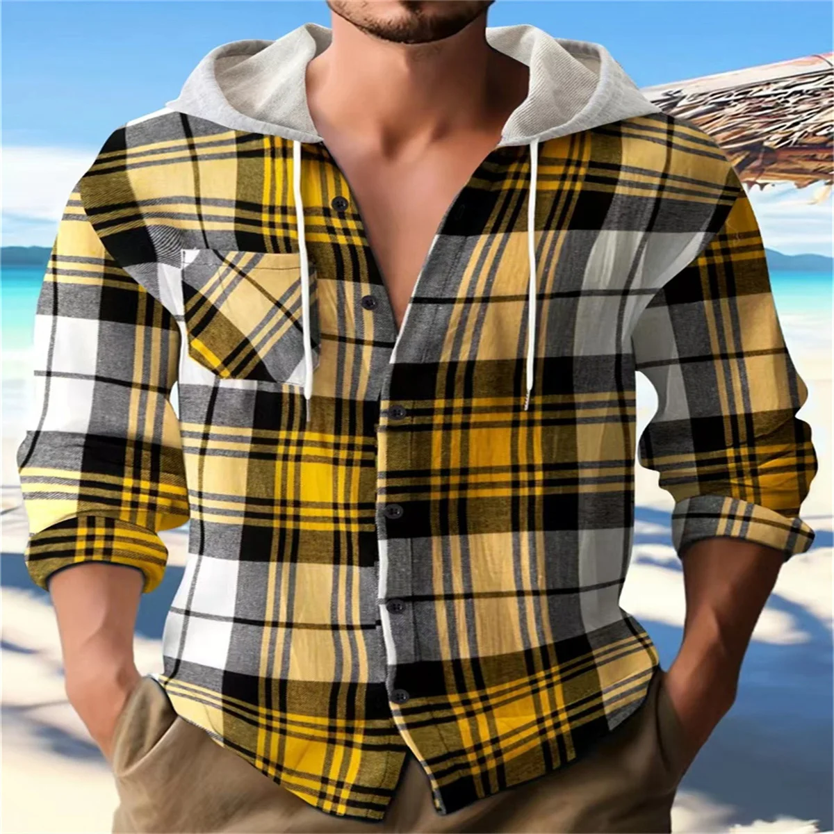 Spring and Autumn Men's Fashion new Flannel plaid hooded casual yarn-dyed striped patchwork pocket large size long-sleeved shirt