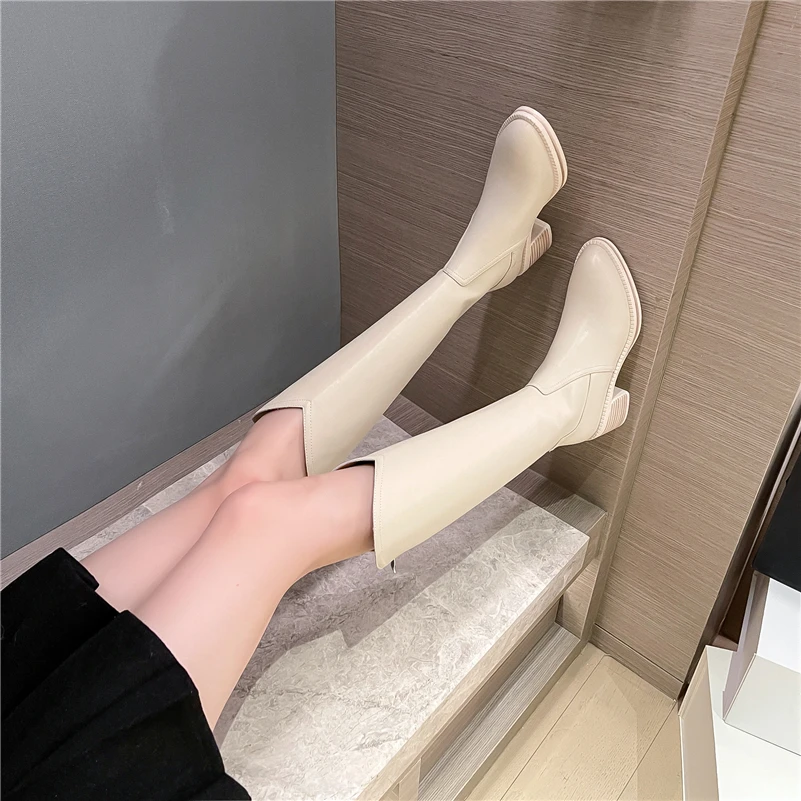 Meotina Women Genuine Leather Knee High Western Boots Round Toe Thick High Heel Zipper Ladies Long Boot Autumn Winter Shoes 40