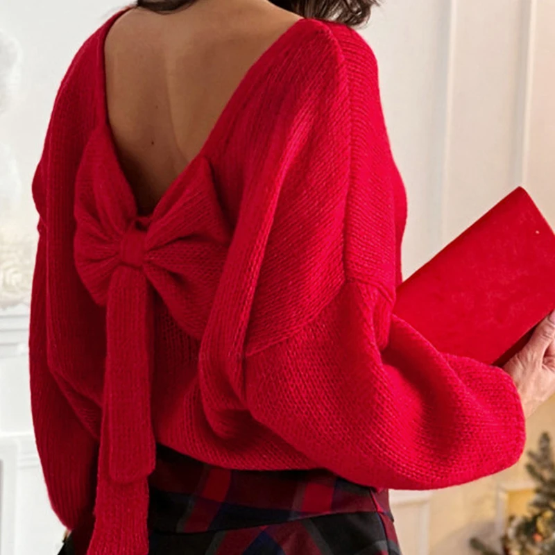 

Winter Casual Long Sleeve Solid Color Knitted Tops Women Fashion Christmas Loose Jumper 2025 Autumn Elegant Backless Bow Sweater
