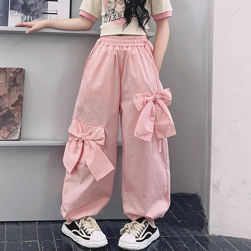 

baby girls trackpants bow patch sweat pants high waist cargo trousers capris streetwear hip hop kids clothes dance 4 to 16 years