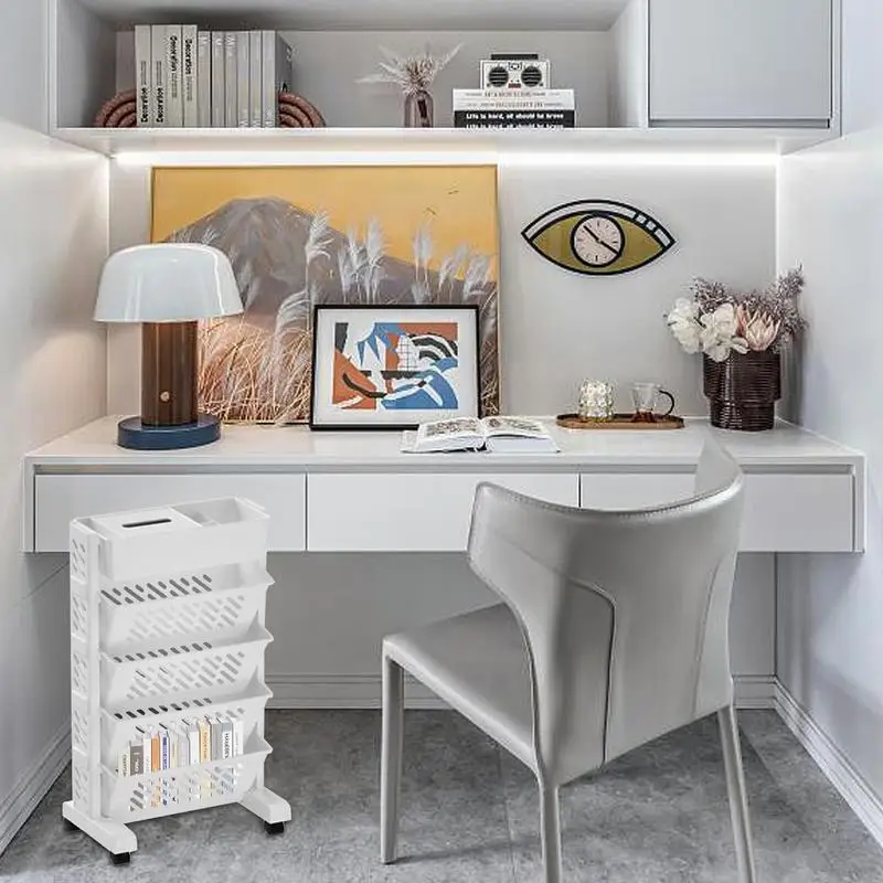 Estantería lateral de escritorio de 5 niveles, estante de almacenamiento extraíble, estantería móvil con ruedas, bolsa de libros para estudiantes, estante colgante