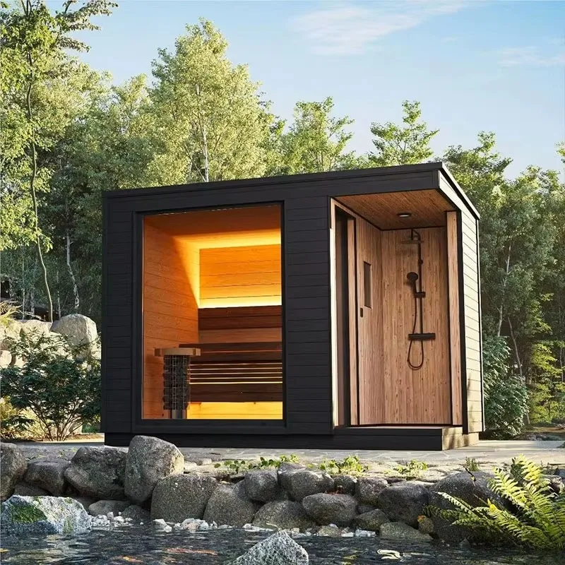 Customized Modern Outdoor 4 Person Solid Red Cedar Portable Far Infrared & Steam Sauna with Shower 8mm Glass for Villa Spa