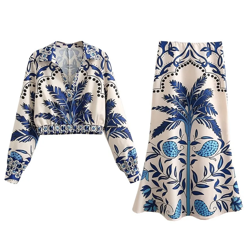 

Boho Style Half Skirt Sets Ladies Elegant Blue White Printed Mermaid Skirt Two Piece Sets Outdoor Party Outfits Luxury Design