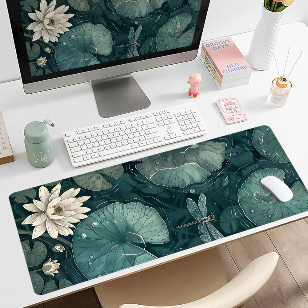 Lotus Leaves Mouse Pad Art Design Large Desk Accessories Desk Pad Rubber Base with Stitched Edge Mousepad Non-Slip Deskpad