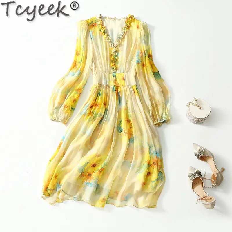 

Tcyeek 2023 Spring Autumn Womens Dress V-neck Patchwork Fairy Dresses 23% Mulberry Silk Dresses Women Clothing Vestido Feminino