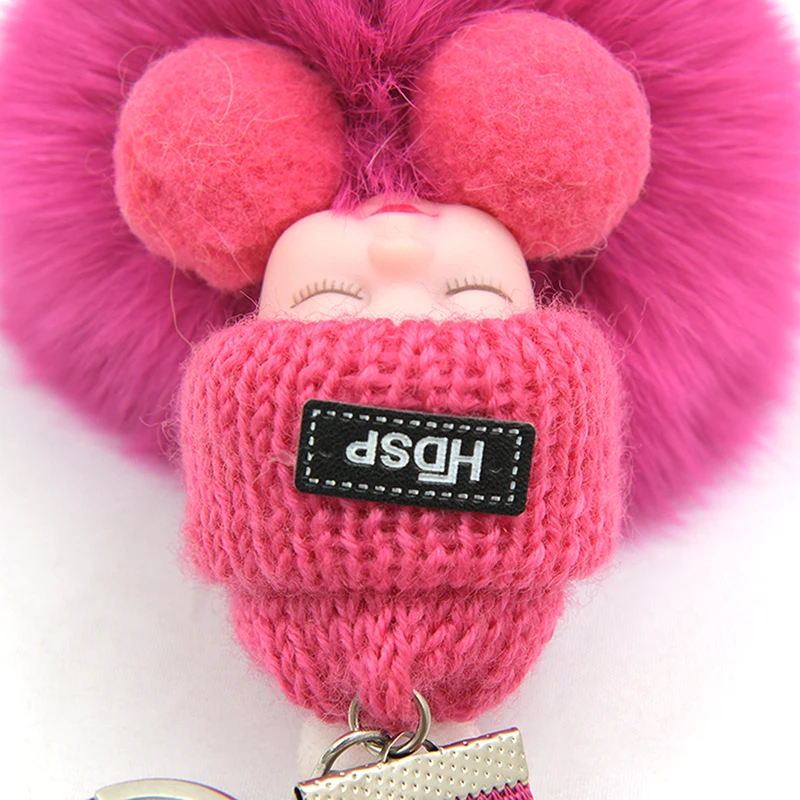 Pompom Sleeping Baby Keychain Cute Fluffy Plush Doll Keychains Women Girl Bags Keyrings Cars Key Ring Gift Charming Decoration