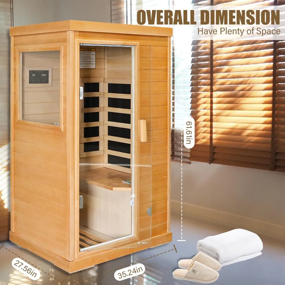 1-2 Persons Far Infrared Sauna Room，with 800W，Ambient Light，Bluetooth，LCD Control Pannel，Hemlock Wood Sauna