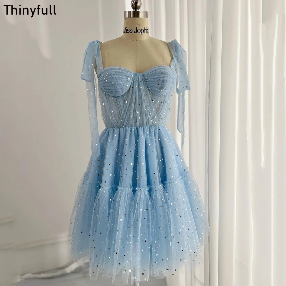 

Thinyfull Starry Tulle Mini Prom Dress A-line Short Evening Party Gown Spaghetti Strap Sweetheart Lace Up Formal Occasion Dress