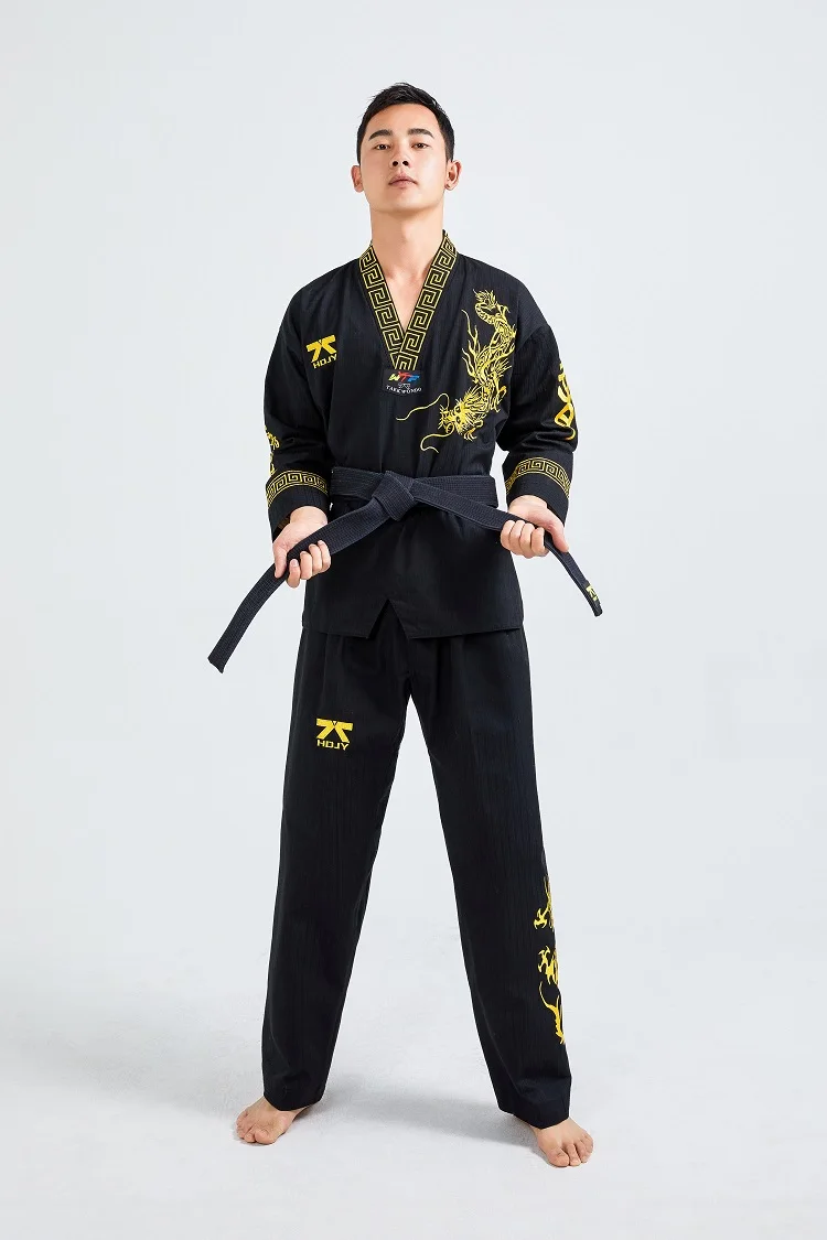 Preto Profissional Taekwondo Unisex treinador dos homens Unisex Set Black Belt Karate Judo Artes Marciais Adulto WTF Roupas de Manga Longa