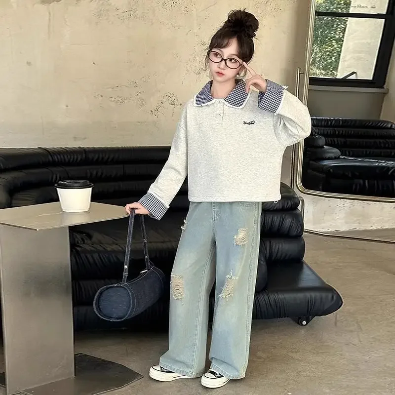 

Girls' Big Kids 2025 Spring New Arrivals Checkered Ruffled Collar Patchwork Long Sleeve Sweatshirt Outerwear Top