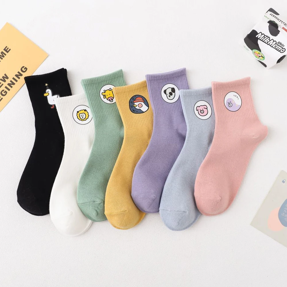 

7 Pair Cartoon Animal Socks For Women Cute Hot Stamping Middle Tube Female Socks Korean Style Fashion Long Autumn Winter Sokken