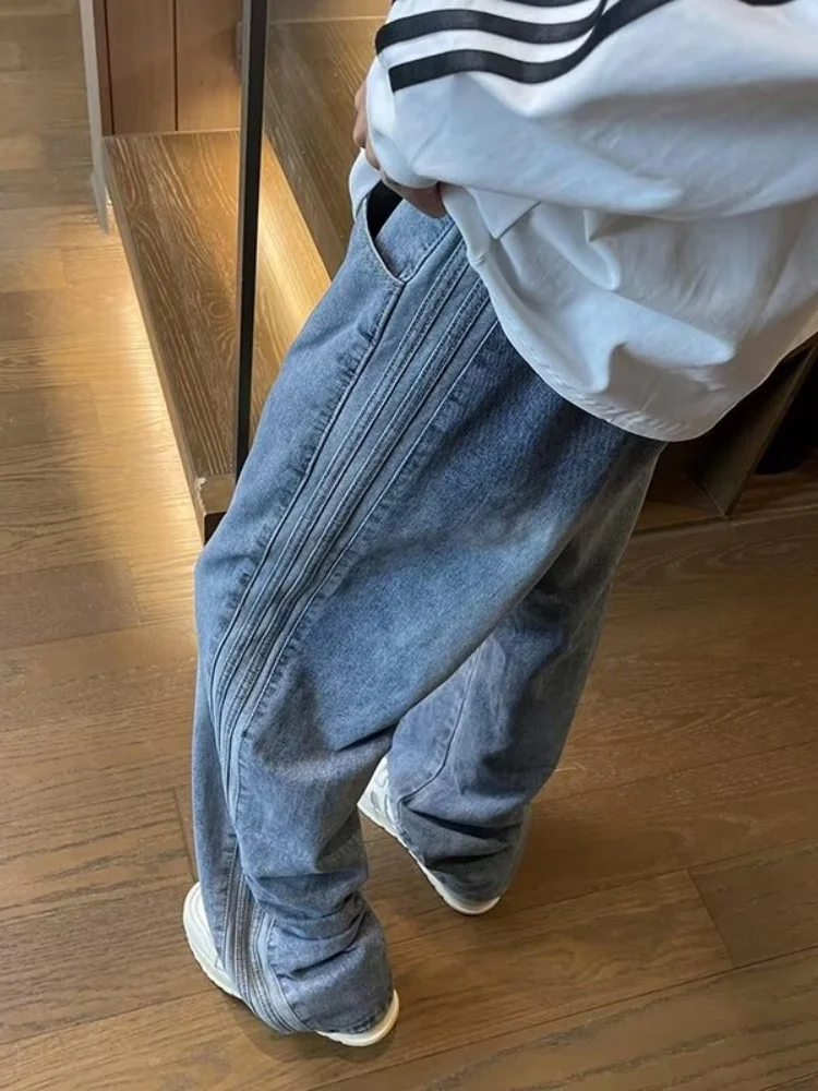 

Elastic Waist Men's Jeans Loose Straight Leg Wide Leg Pants Autumn Waed Casual Long Trousers Low Waist Dstring American ...
