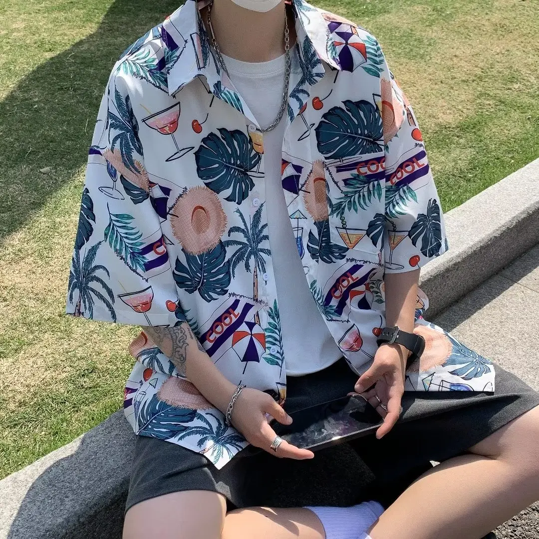 

Casual Summer Men's irt ort Sve Loose Fit Beachwear Faion Brand New Arrival Teenager Five-Quarter Sve Five-Quarte...