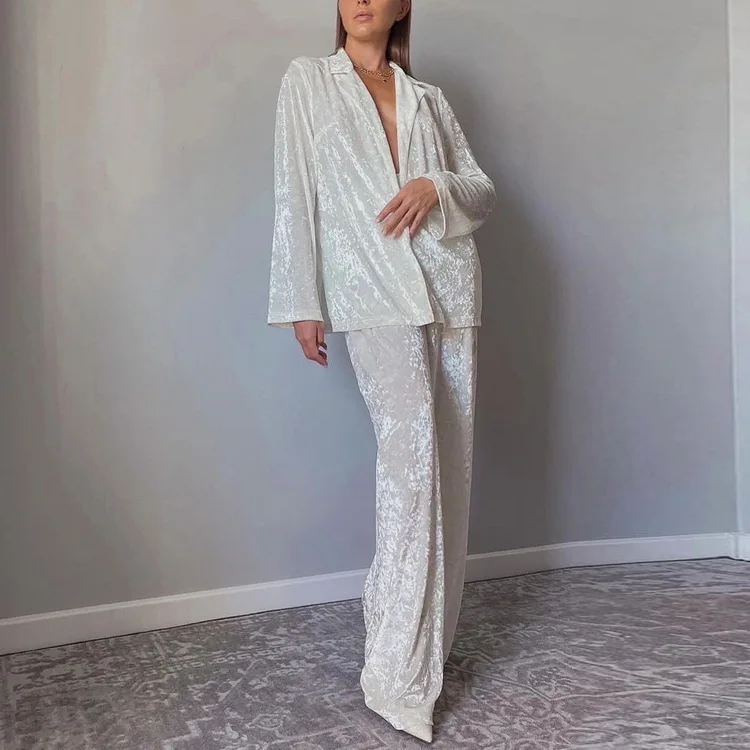 

Elegant Long Sleeve Top Pajamas With High Waist Pants Set Sleepwear Winter Loose Wthie Velvet Two Piece Set Women Outfit