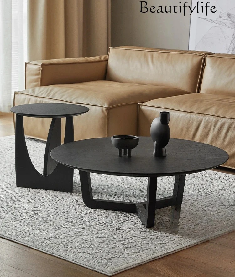 

coffee table combination solid wood high and low sofa edge table black Italian minimalist living room tea table round