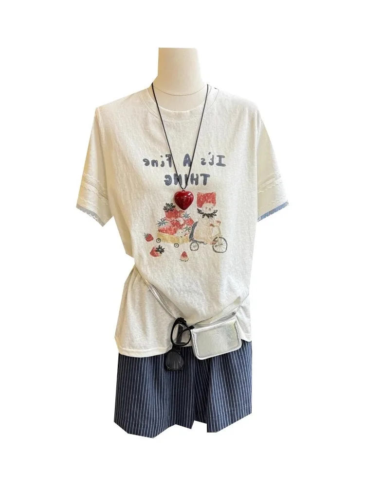 Sweet Japanese Sle ort Sve T-irt Men Women Summer Lace Splicing Slimming Versatile Top Casual Loose Fit round Ne