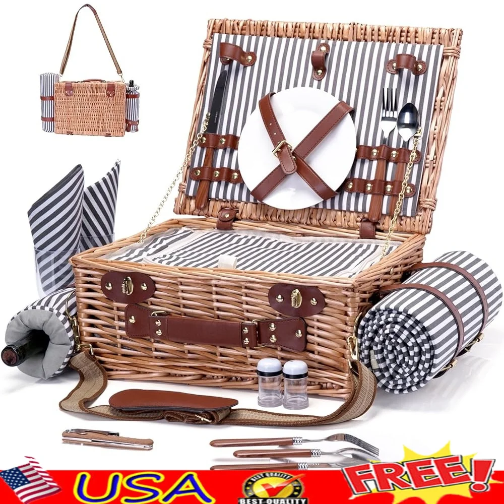 

Picnic Basket Set with Blanket Insulated Cooler Bag Wicker Hamper 2 Romantic Camping Wedding Gift Outdoor Activities