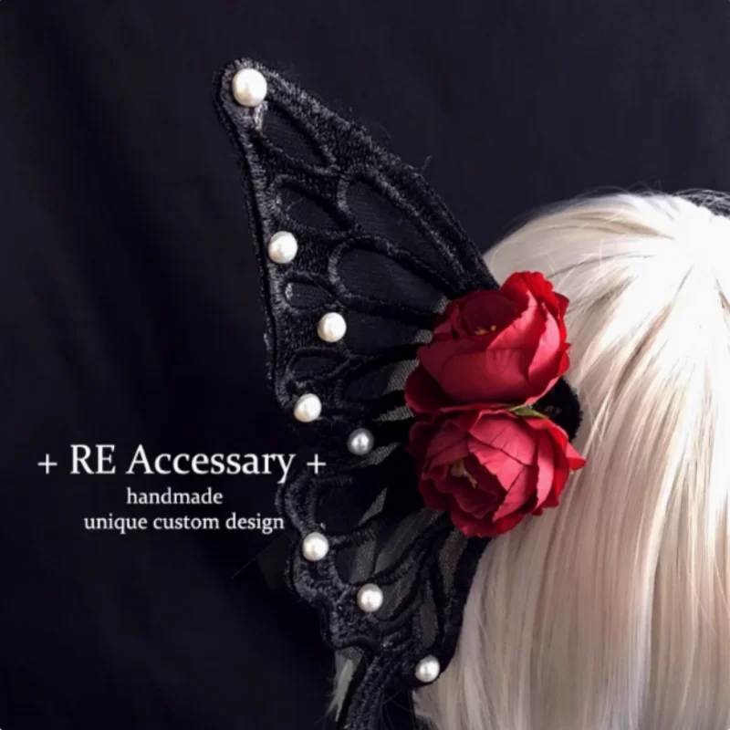 الحلو اليدوية لوليتا اللؤلؤ النساء الفتيات Kc المشابك عودة رئيس الديكور مقاطع الشعر زهرة الورد الدانتيل كبير Bowknot المشابك