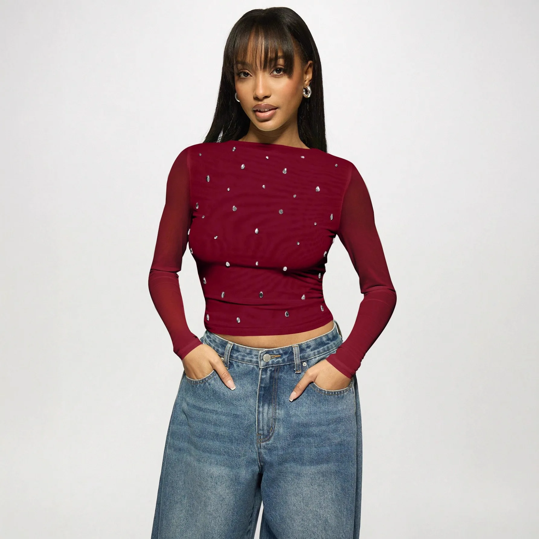 

New Women's Mesh T-shirt Long Sleeve Short Double Layer Fashion Hot Diamond Pullover Top Hot Girl Nightclub High Street Tees