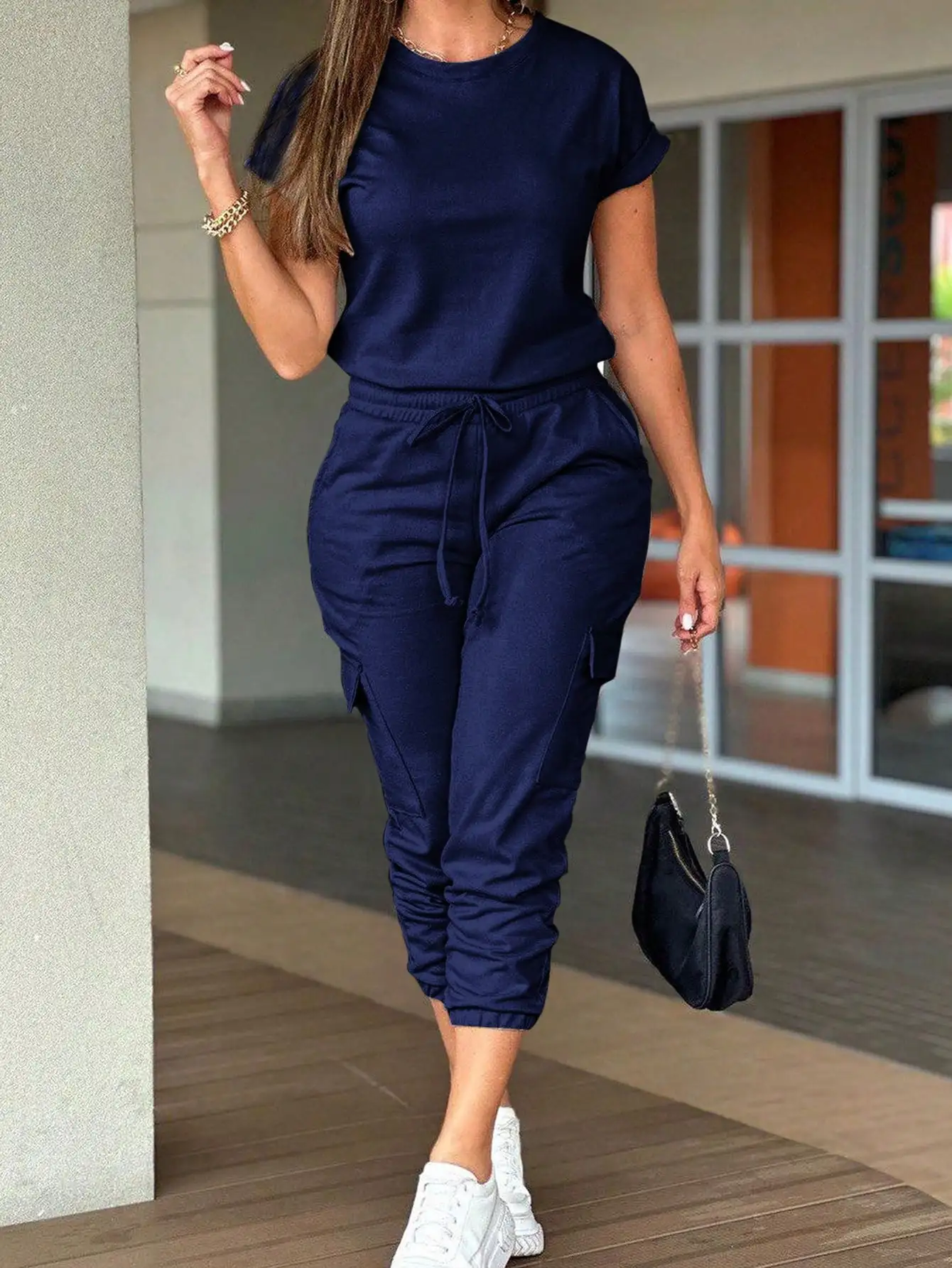 BWQ Tuta da donna casual con coulisse a maniche corte con scollo tondo, estiva